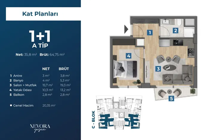 Nevora Yaşam 1+1 A tipi kat planı — net 35,8 m², brüt 64,75 m²