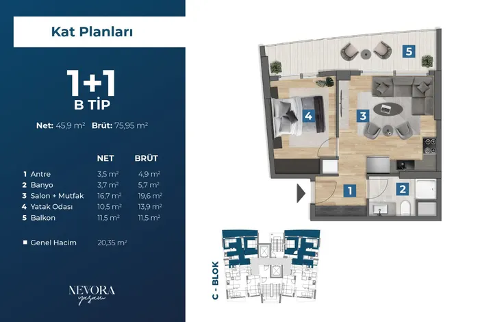 Nevora Yaşam 1+1 B tipi kat planı — net 45,9 m², brüt 75,95 m²