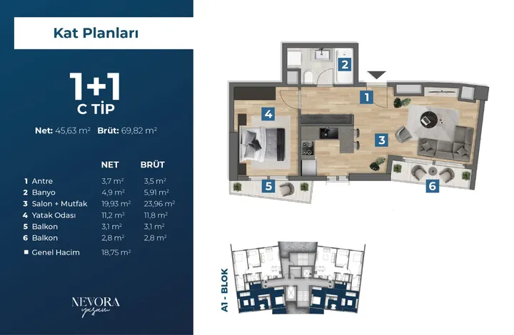 Nevora Yaşam 1+1 C tipi kat planı — net 45,63 m², brüt 69,82 m²
