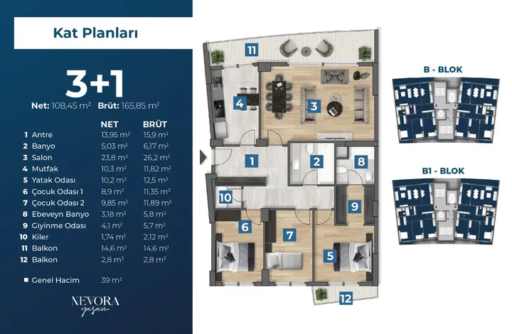Nevora Yaşam 3+1 kat planı — net 108,45 m², brüt 165,85 m²